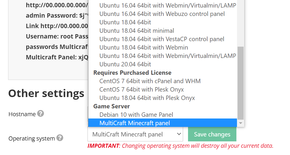 Selezione MultiCraft opzione pannello Minecraft in hPanel.
