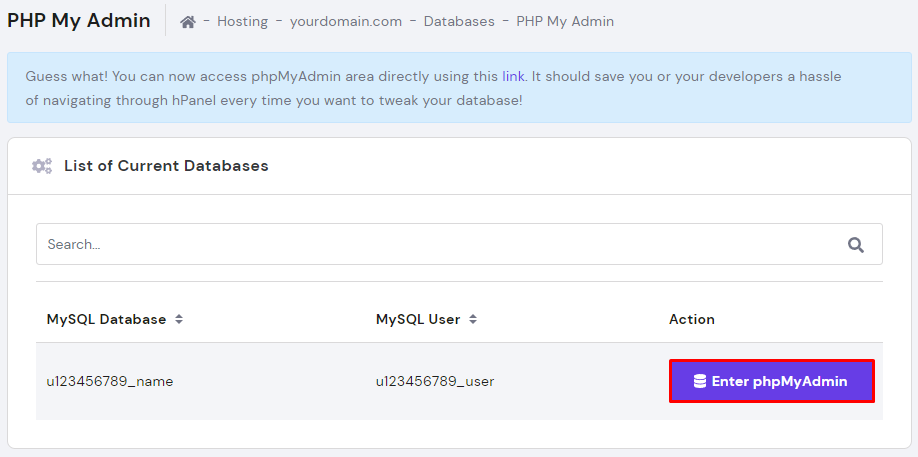 phpMyAdmin section on hPanel, red border is indicating a button to enter phpMyAdmin