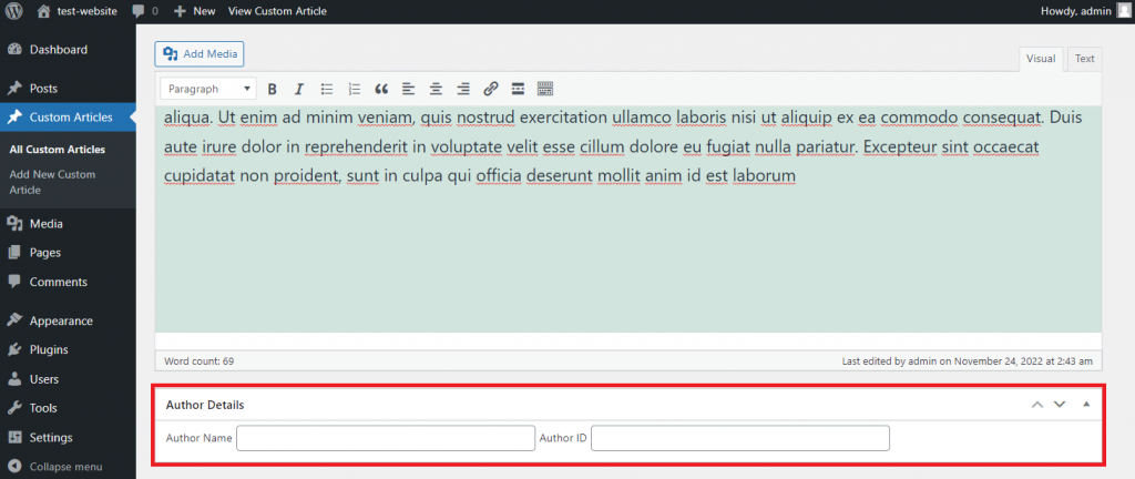 A custom author details meta box in the WordPress post edit screen
