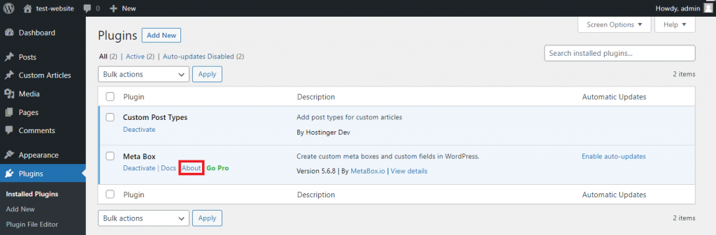 The Meta Box plugin in WordPress's installed plugins menu
