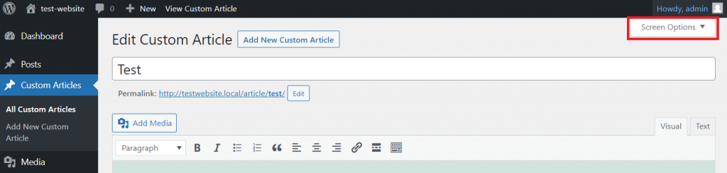 The Screen Option menu in WordPress post edit screen
