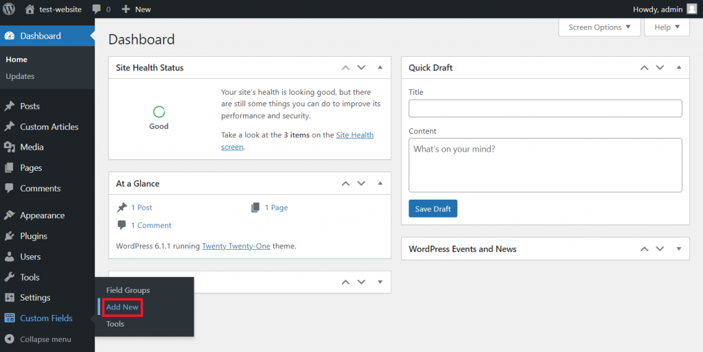 The add new custom field option in the WordPress sidebar