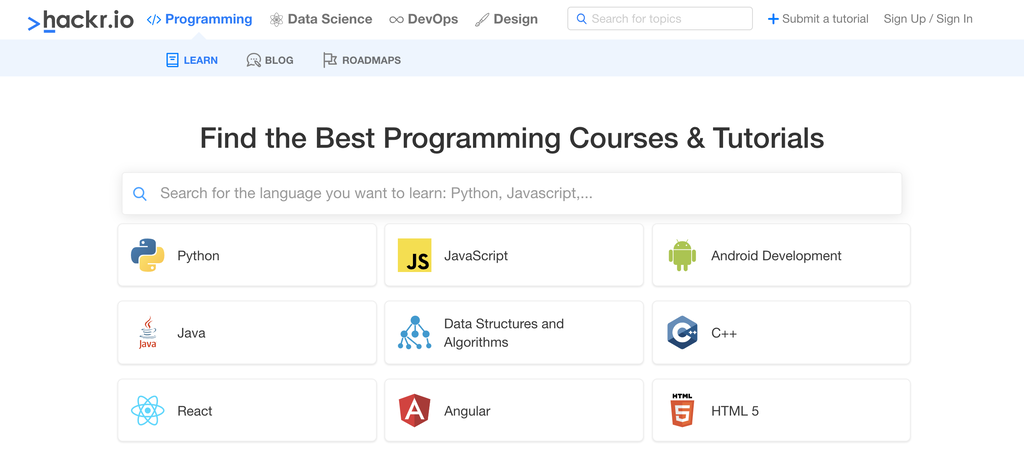 Hackr.io homepage to begin coding