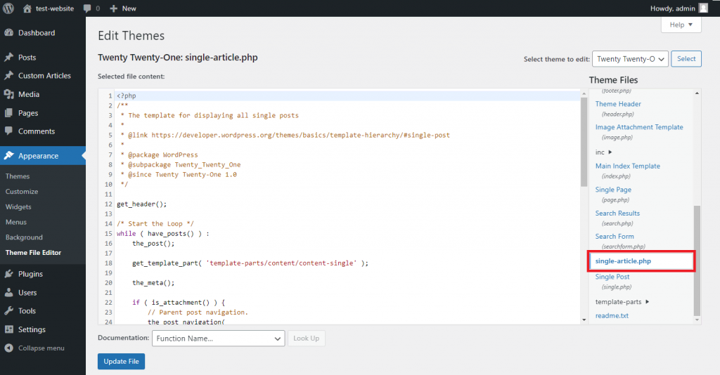 single-article.php in the WordPress theme file editor screen