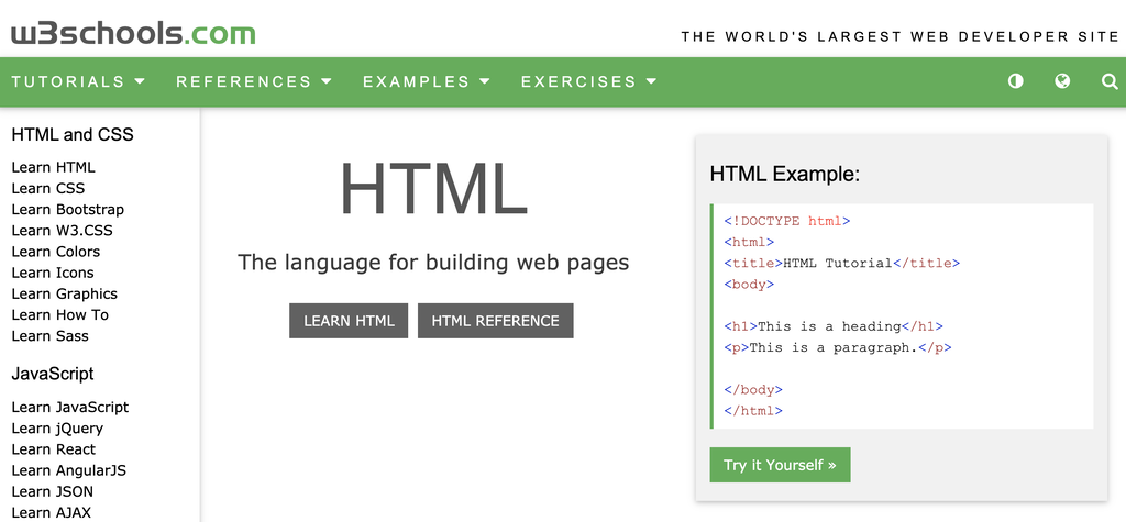 W3Schools home page for hmtl css