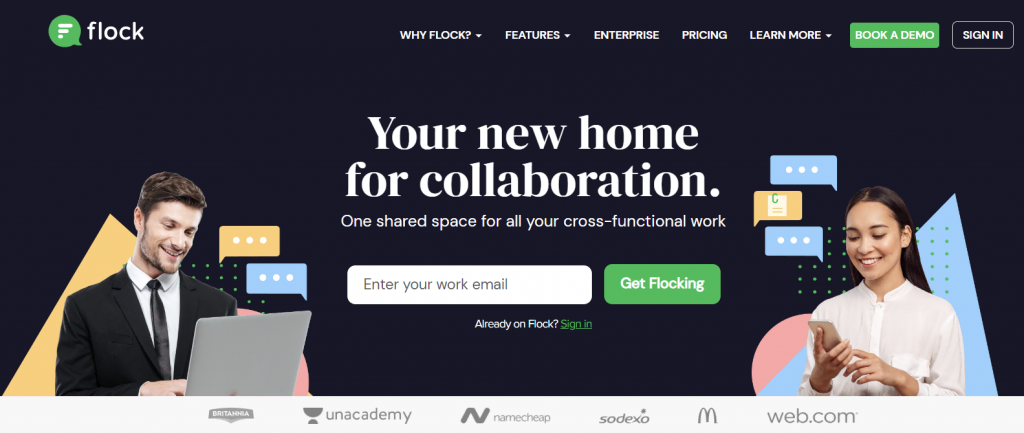 The homepage of Flock, a team messaging app