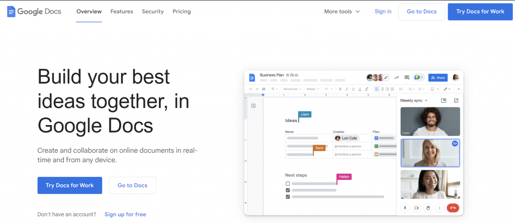 The homepage of Google Docs, a document collaboration platform