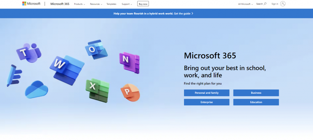The homepage of Microsoft Office 365, a document maker and file-sharing tool