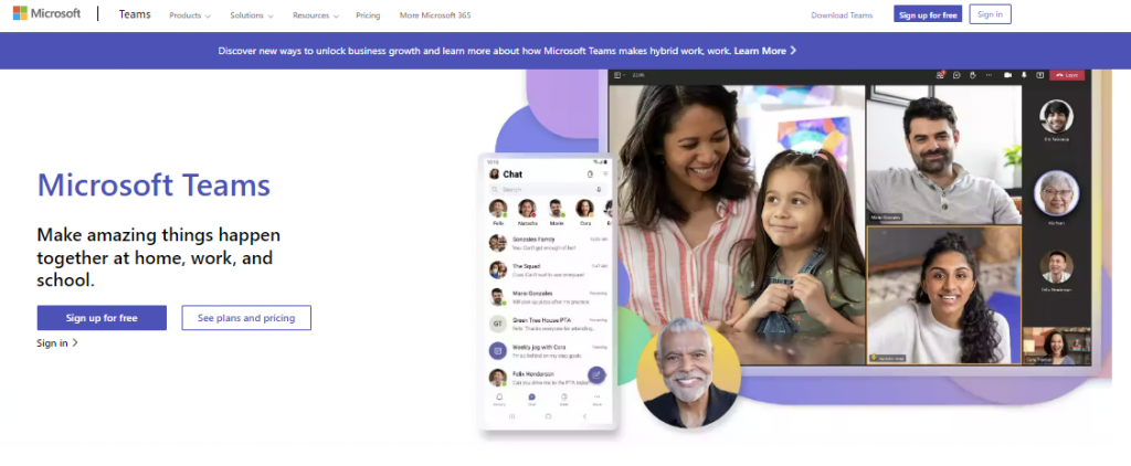 The homepage of Microsoft Teams, an all-in-one team communication platform