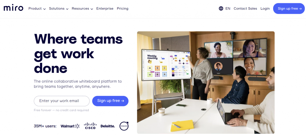 The homepage of Miro, an online whiteboard app