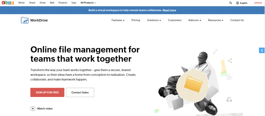 The homepage of Zoho WorkDrive, a document management platform