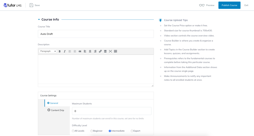 Creating a new front-end course using Tutor LMS Pro.