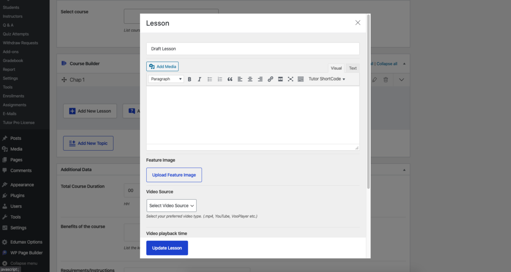 Creating a new lesson using Tutor LMS Pro.