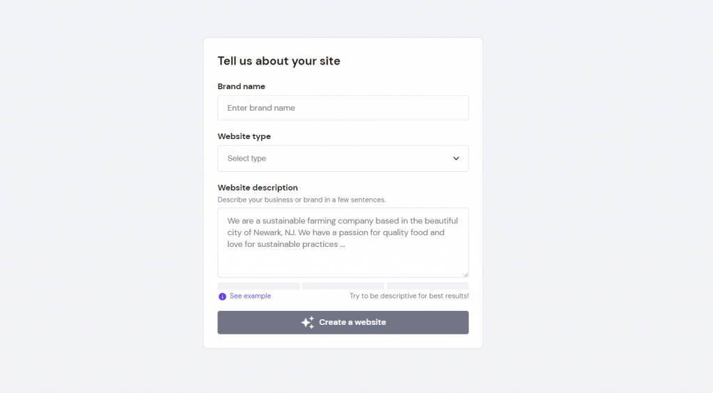 The Tell us about your site window on Hostinger AI Builder