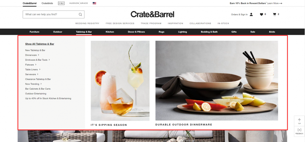 Crate & Barrel's mega menu showing the subcategories of Tabletop & Bar and two relevant product photos.