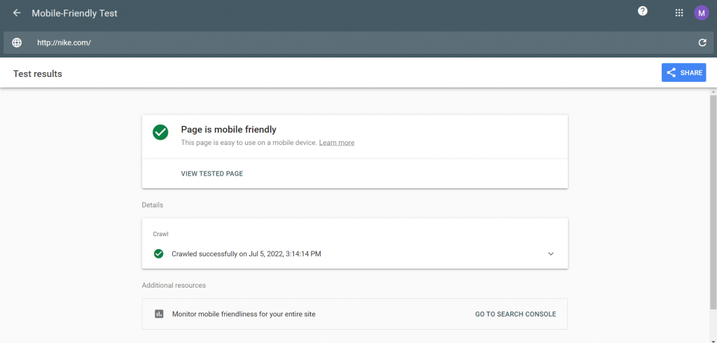 Google’s Mobile-Friendly Test's interface when the page is mobile-friendly, containing the test results and details like the crawled date and additional resources.