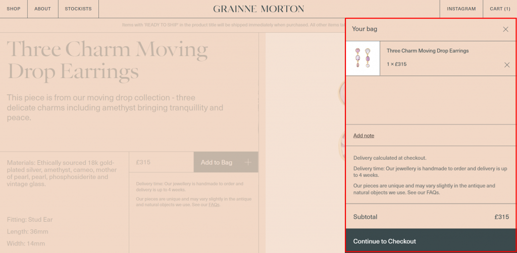 Right-hand side shopping cart on Grainne Morton website.