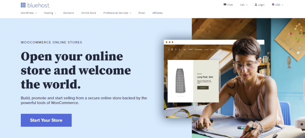 Bluehost WooCommerce hosting landing page "Open your online store and welcome the world"