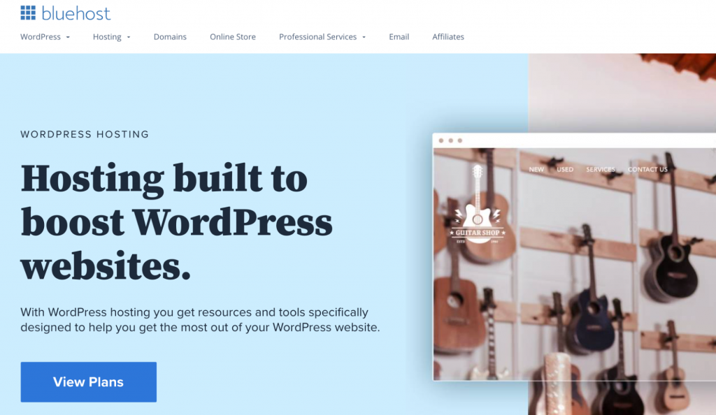 WordPress hosting at Bluehost "Hosting built to boost WordPress websites"