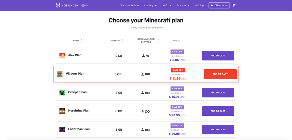 Piani di hosting Minecraft di Hostinger.