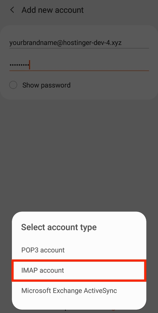 Picking the "IMAP account" option when setting up a new email account on Android.