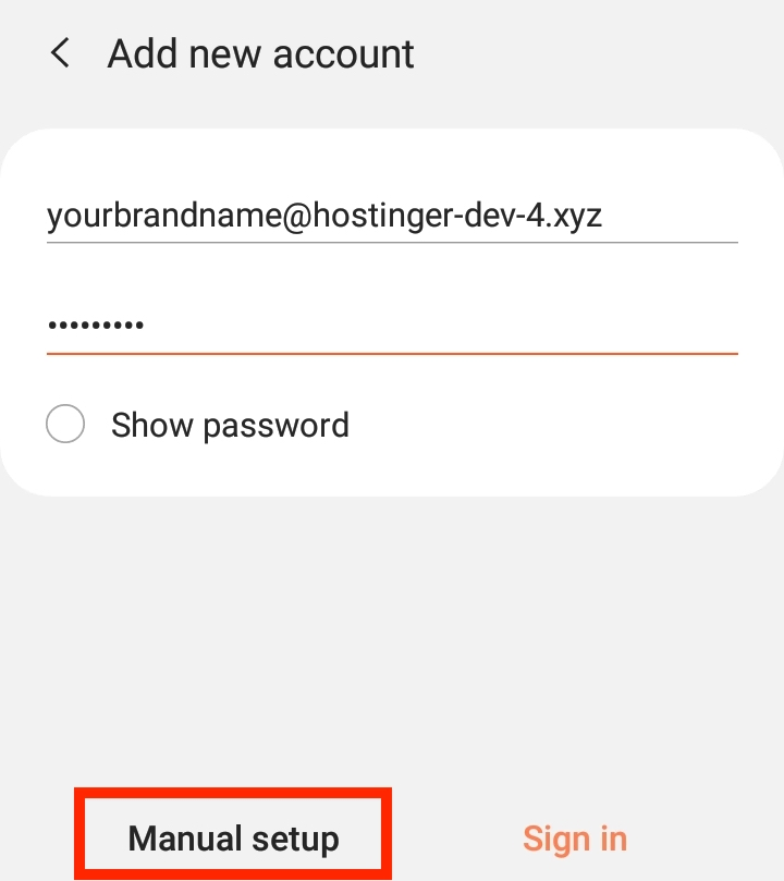 Selecting the "Manual setup" option when setting up a new email account on Android.