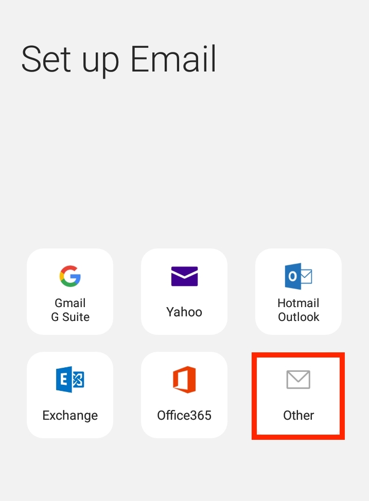 Selecting the "Other" option when setting up a new email account on Android.