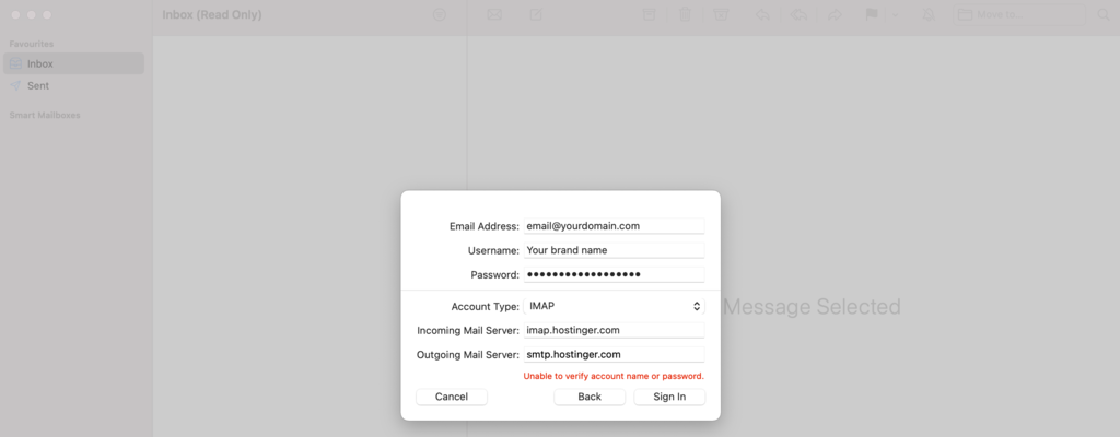 Manually configuring the account on Apple Mail.