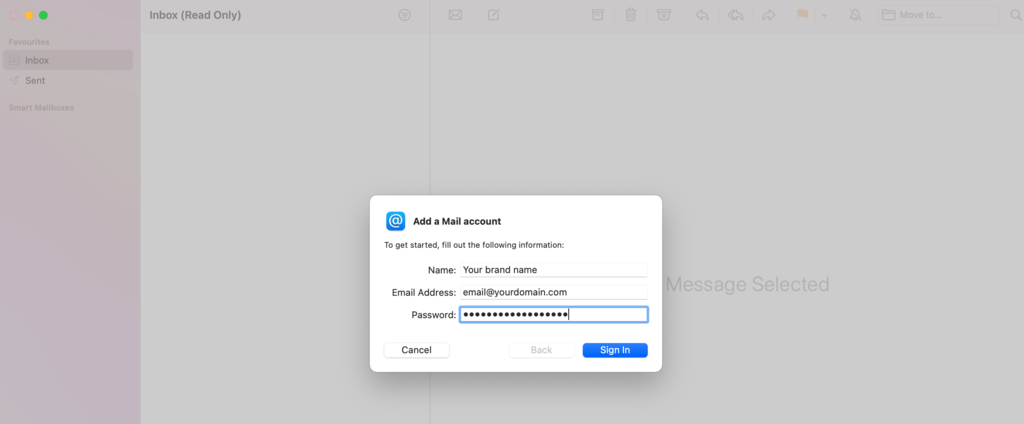 Adding a new email account to Apple Mail.