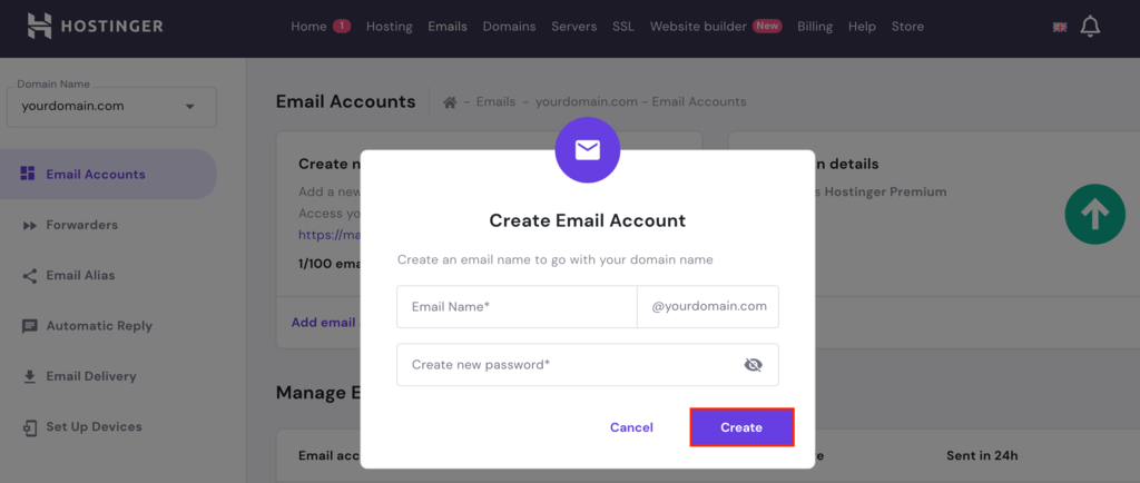 Create email account form