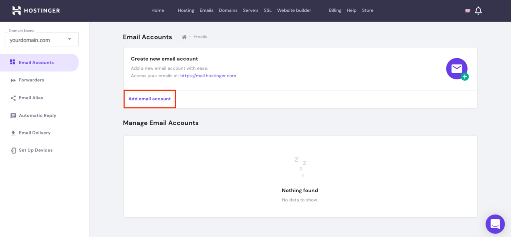 Creating an email account on the hPanel
