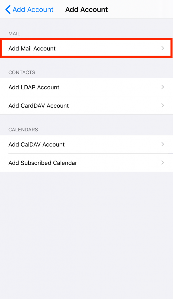 Selecting the "Add Mail Account" option on iOS.