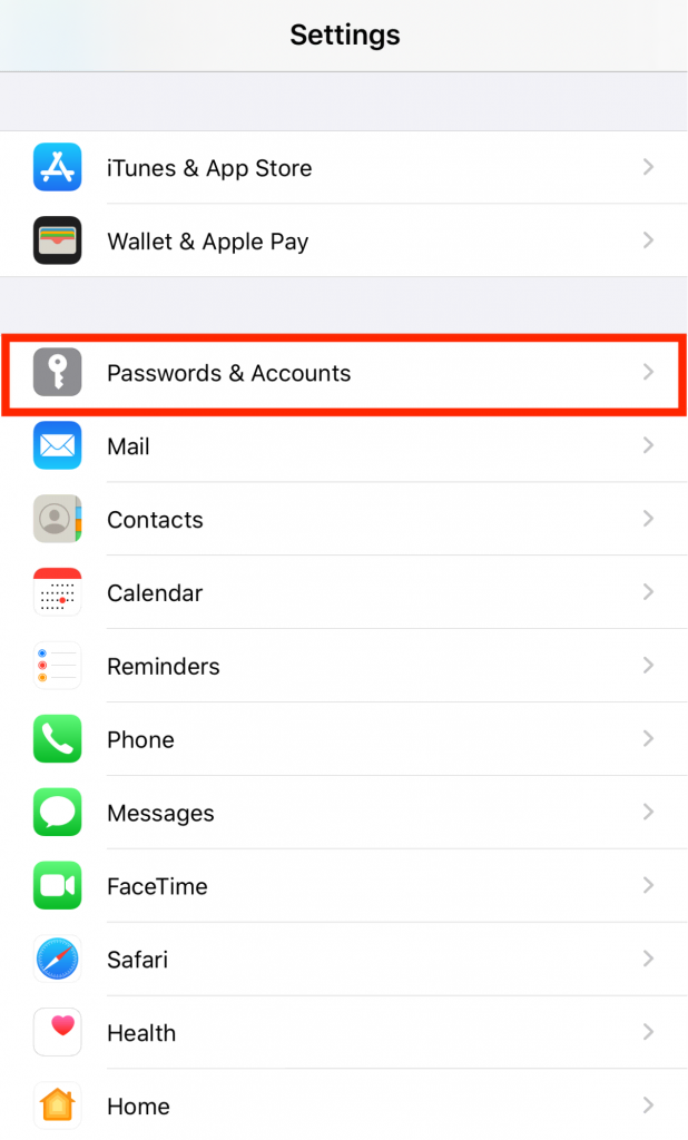 Opening the "Passwords & Accounts" settings on iOS.