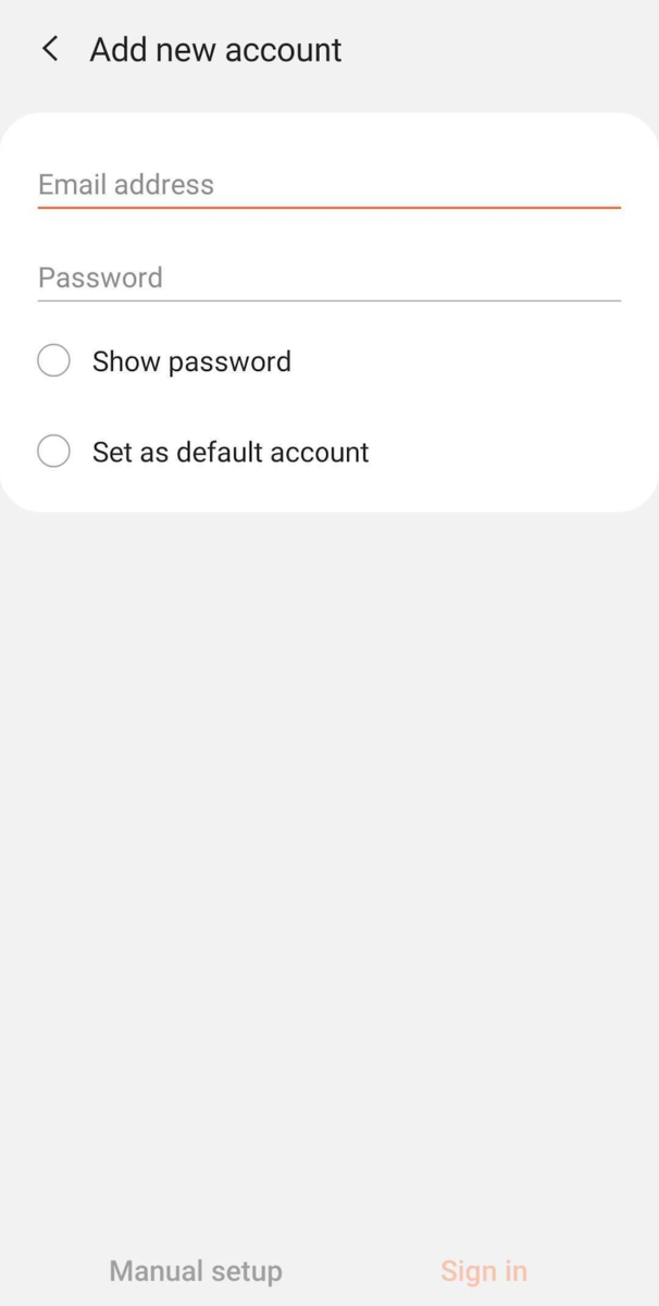 Logging in to an email account in Samsung Email.