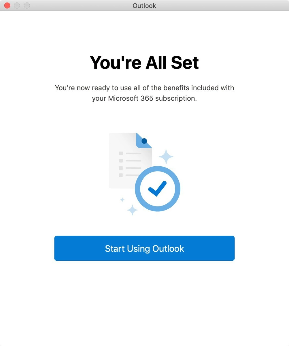 "You're All Set" message in Outlook on macOS.