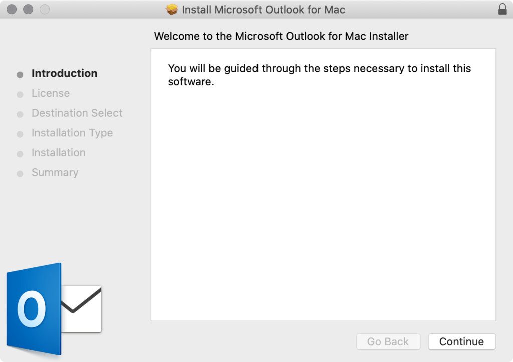 Outlook installation wizard on macOS.