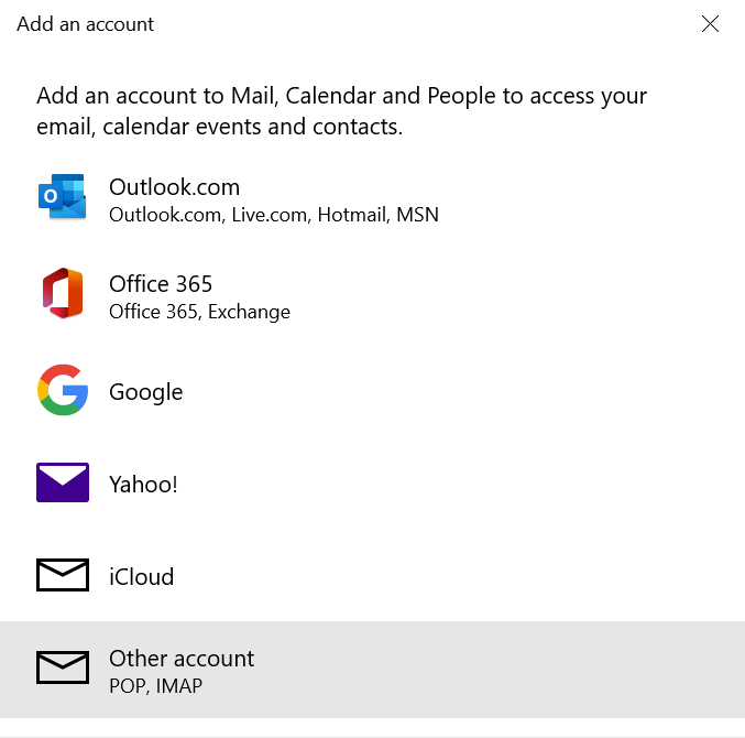 Adding a new email account to Mail on Windows.