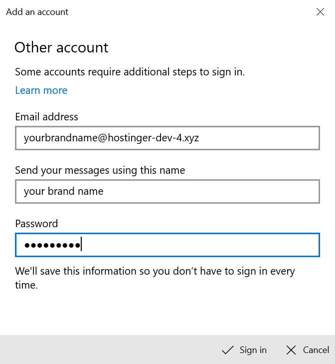 Filling in the email details in Mail on Windows.