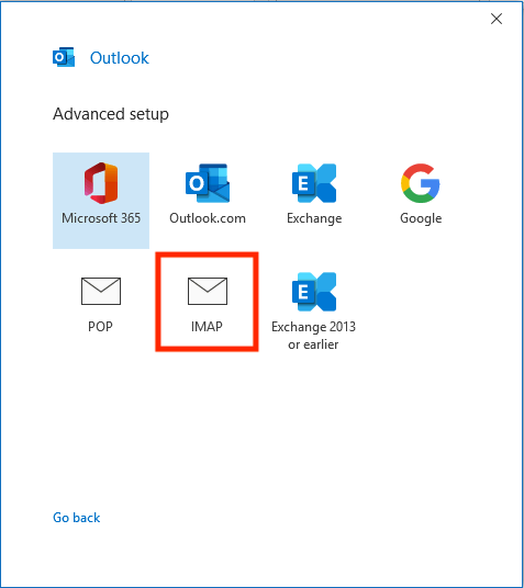 Choosing the IMAP mail protocol in Outlook on Windows.