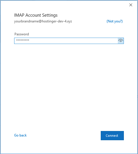Entering listed email account password in Outlook on Windows.