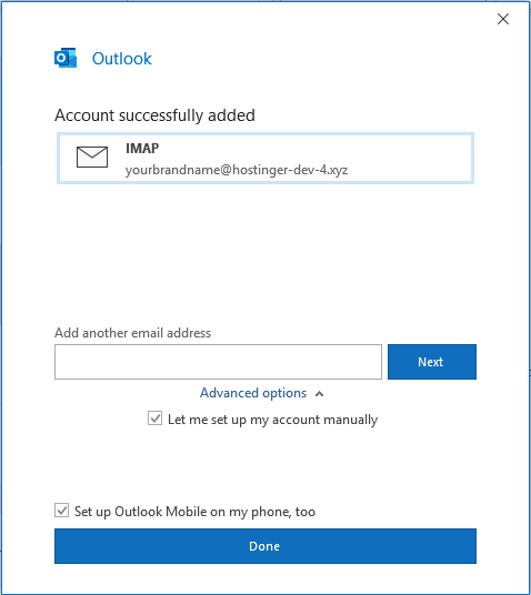 "Account successfully added" message in Outlook on Windows.