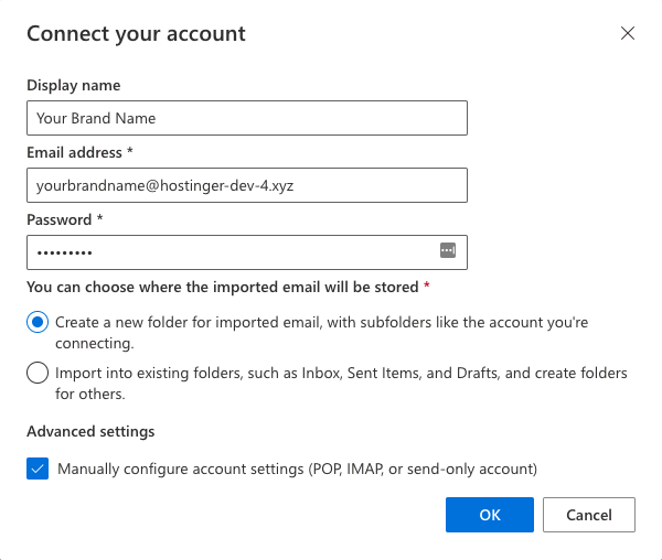 Filling in the email details for a account in Outlook.com.