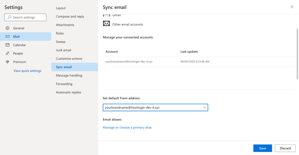 Setting a newly added email address as default in Outlook.com.