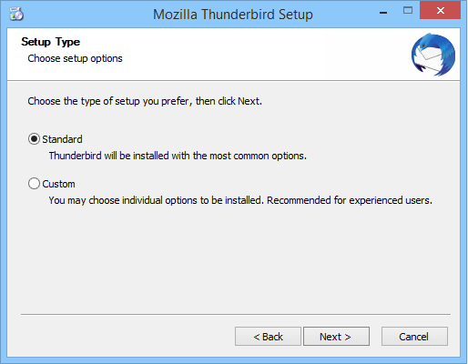 Selecting the type of setup for Mozilla Thunderbird on Windows.