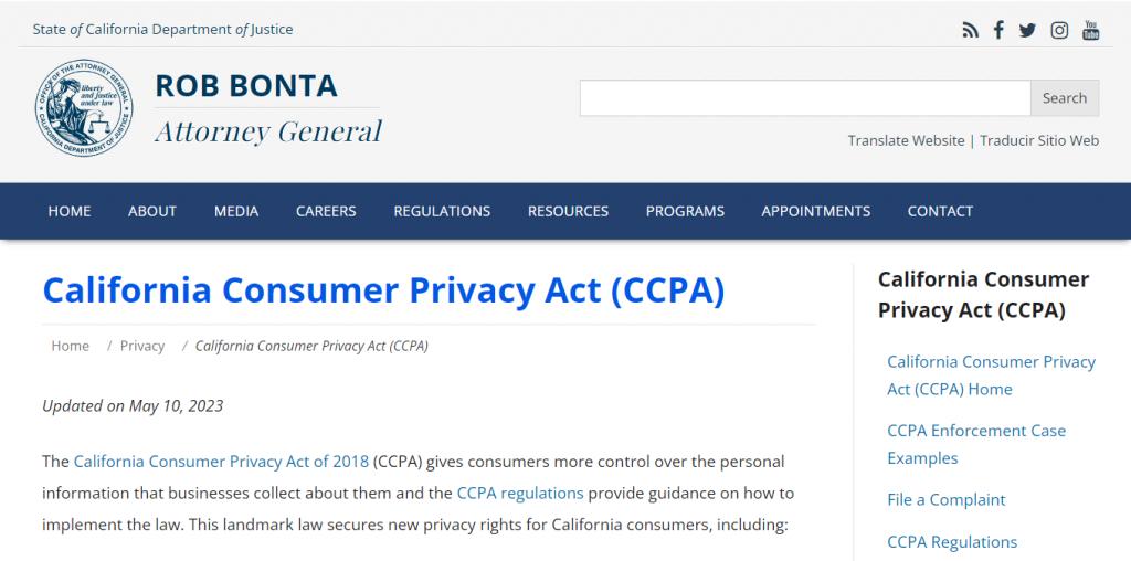 CCPA's page on California Office of the Attorney General's website
