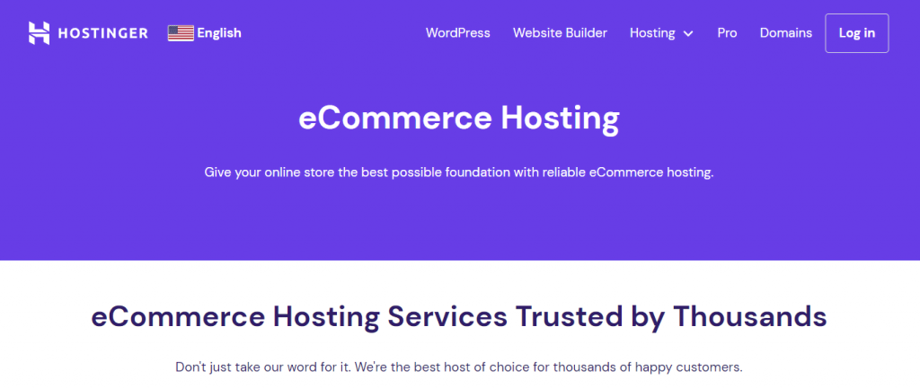 Hostinger's eCommerce hosting homepage