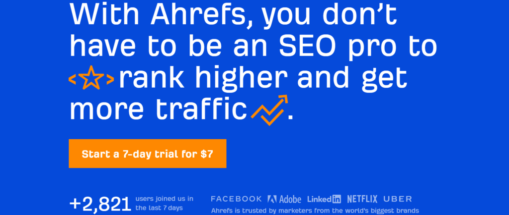 Ahrefs SEO software start a trial page