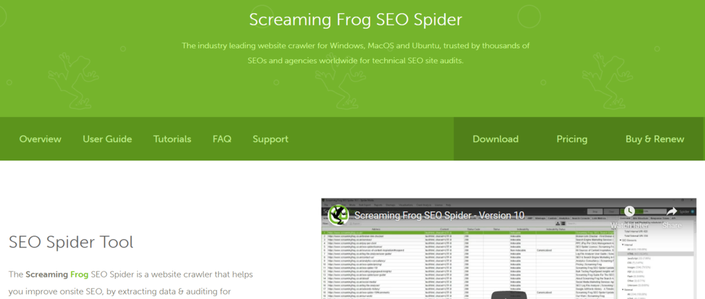 Screaming frog SEO software homepage