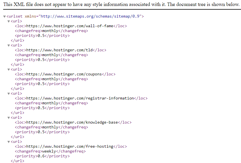 The XML sitemap of Hostinger