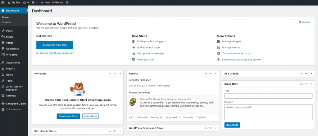 painel de controle do wordpress